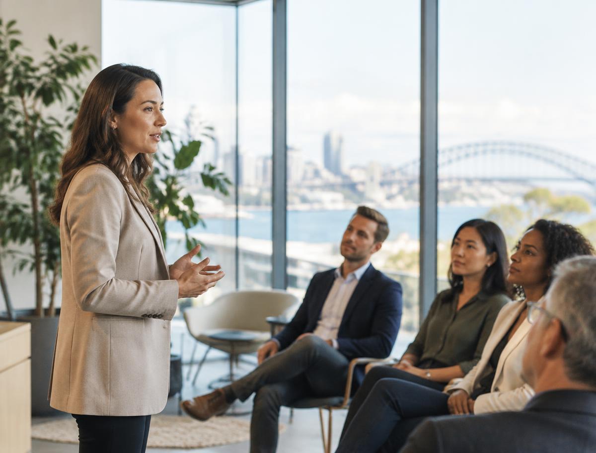 Professional speaker presenting to an attentive business audience